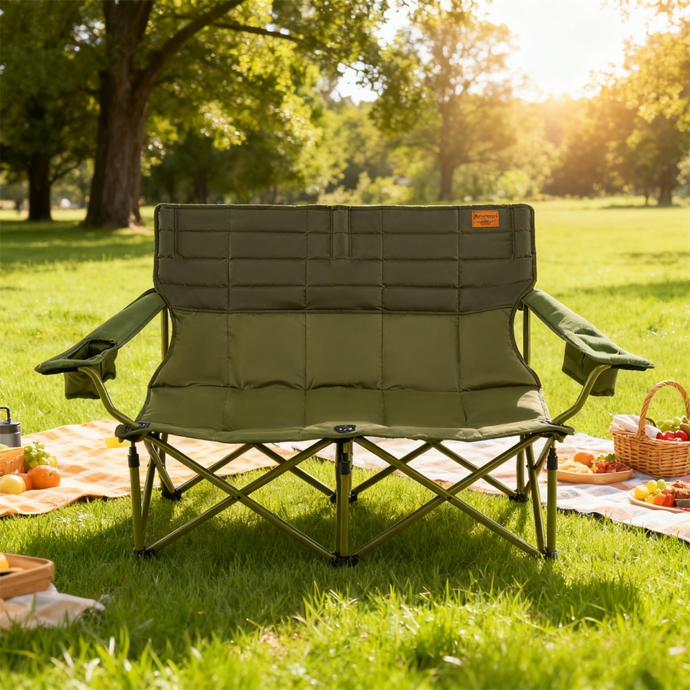 Oversized Camping Chair Folding Loveseat Camping Couch With Cup Holders & Thick Padding_voghion.com